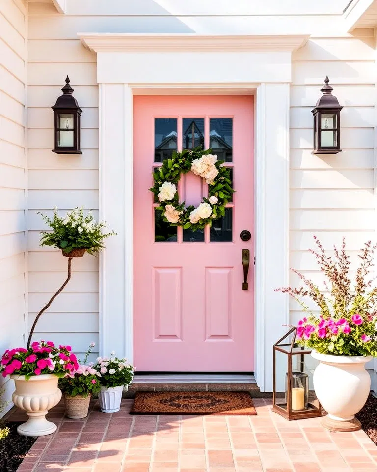 gentle pastel pink front door