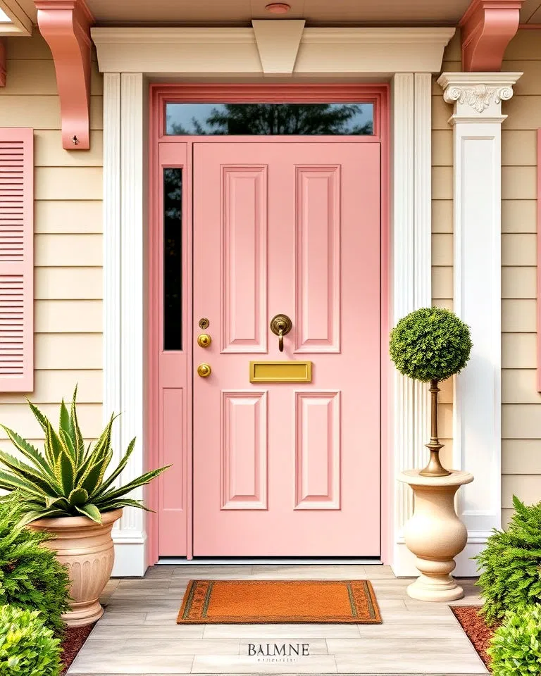 blush pink front door with gold accents