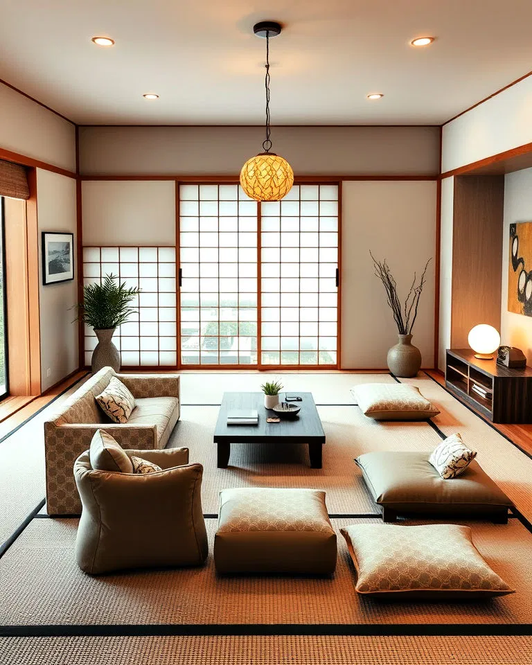 Low-profile furniture and floor cushions in Japandi style