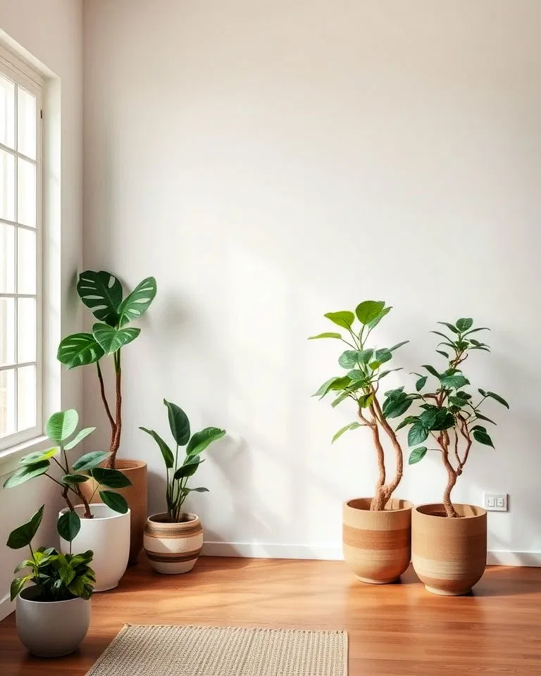 Indoor plants with minimalist pots in Japandi design