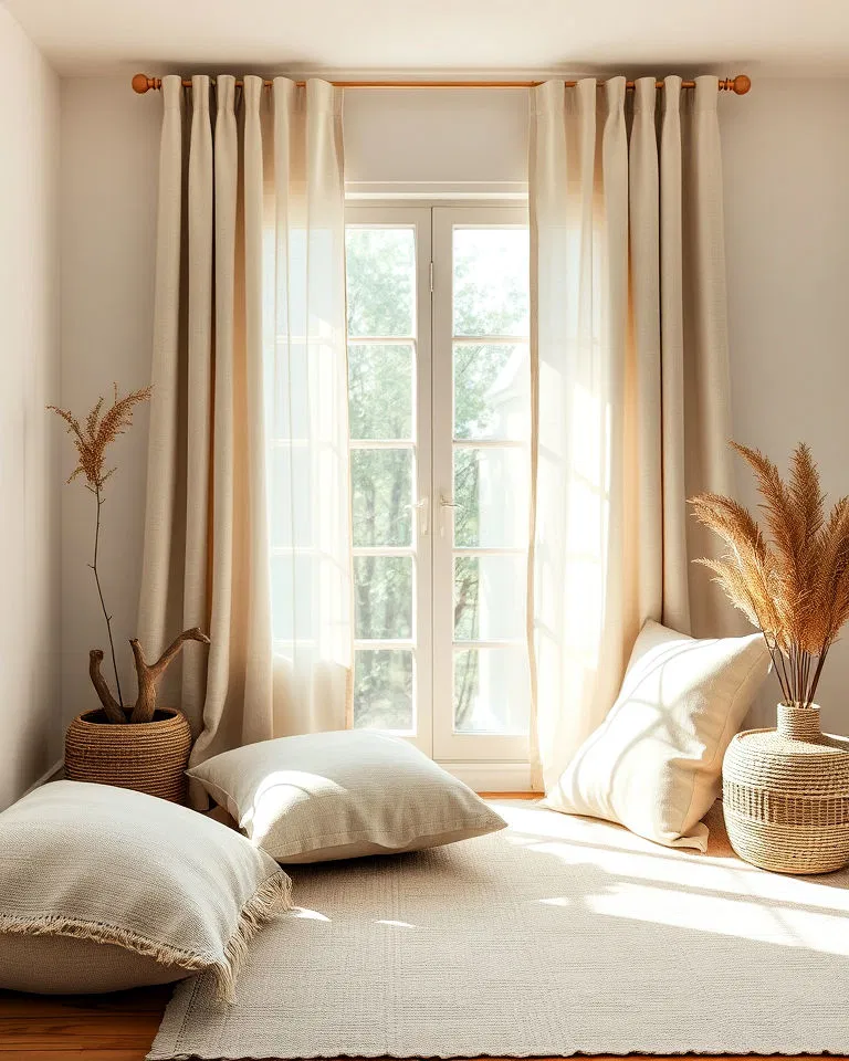Soft linen textiles in Japandi interiors