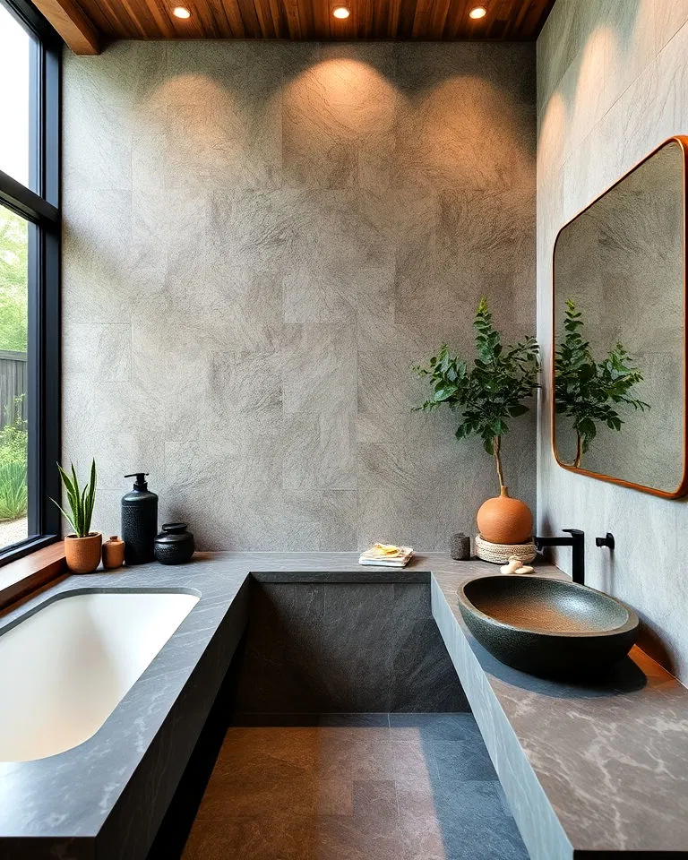 Natural stone in Japandi bathroom interiors