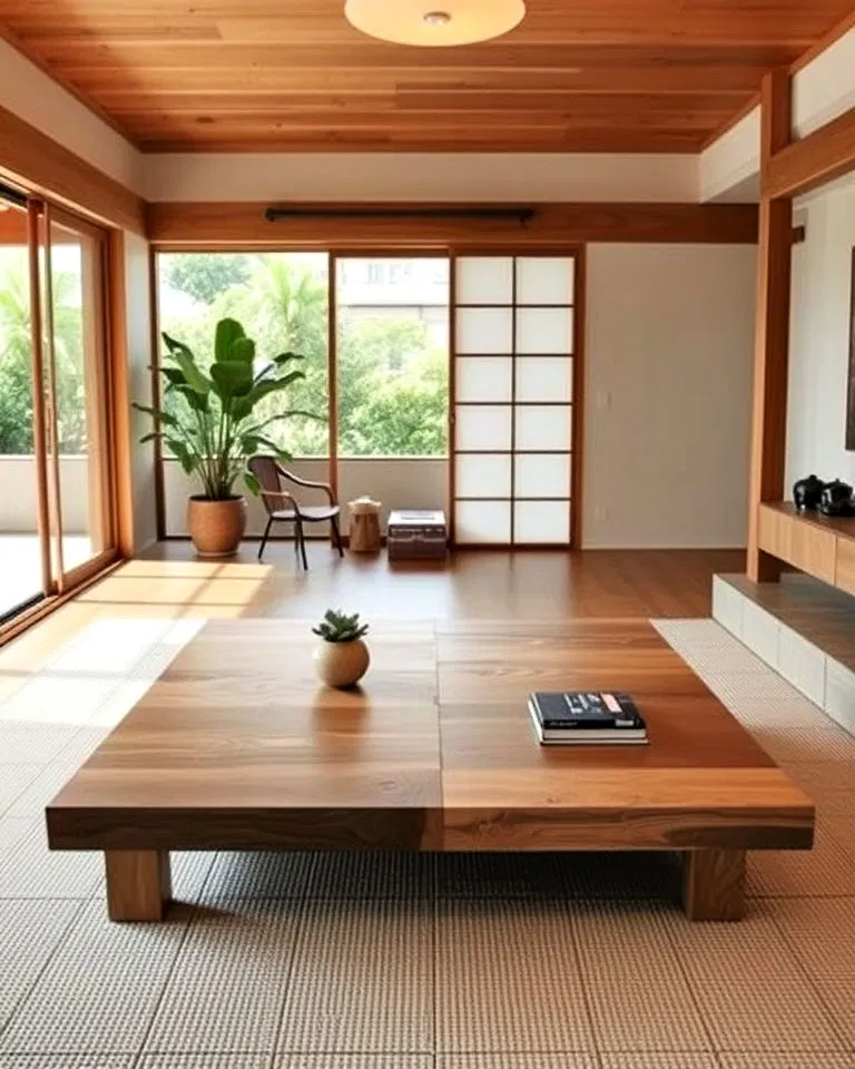 Large low coffee table in Japandi interiors