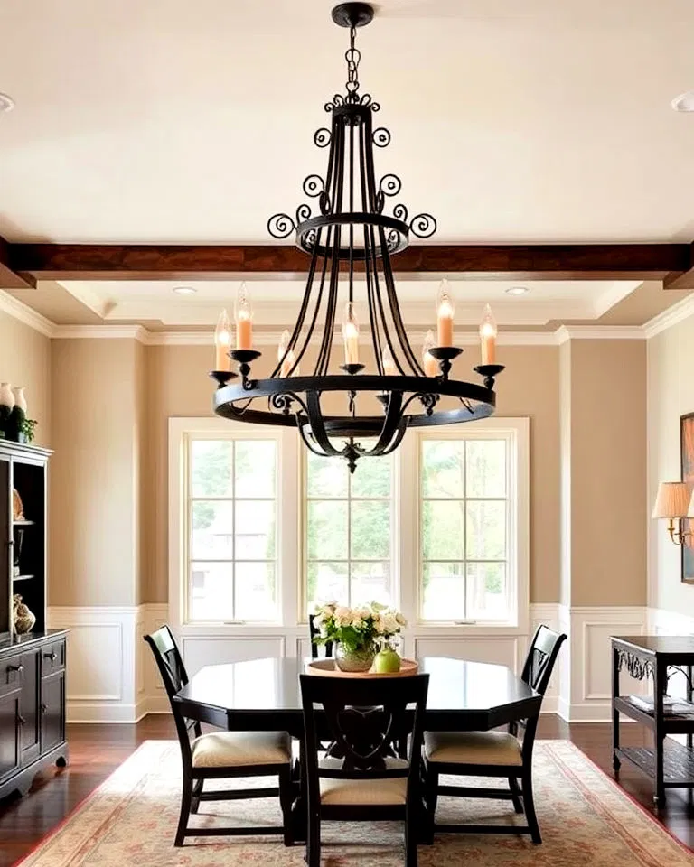 wrought iron chandelier as a dining room statement
