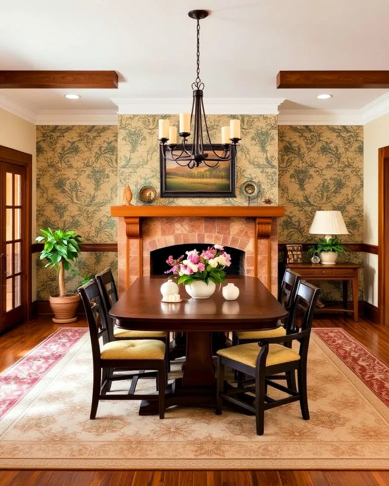 terracotta fireplace surround as a dining room accent