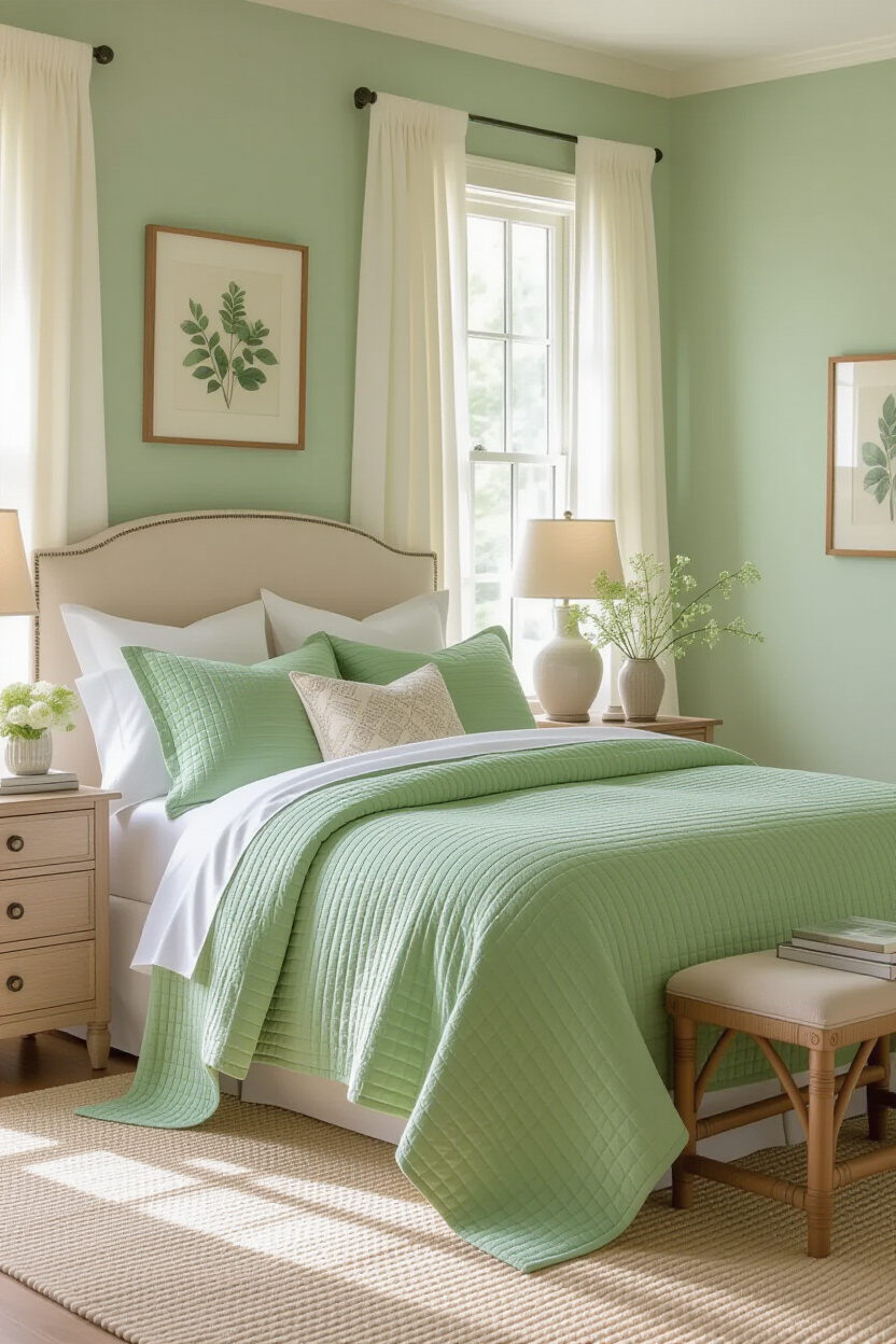 pastel sage green bedroom with floral accents and plush rug