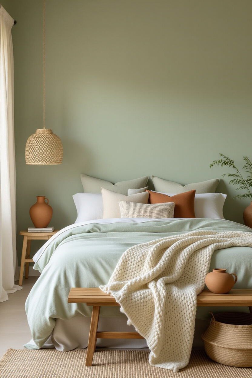 sage green bedroom with white furniture and natural textures