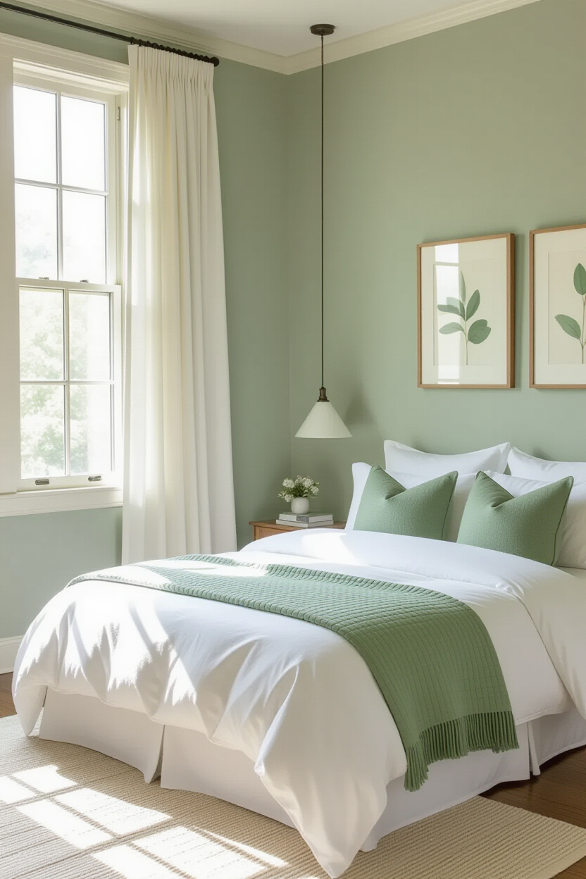 small bedroom with neutral sage green walls and minimalist decor