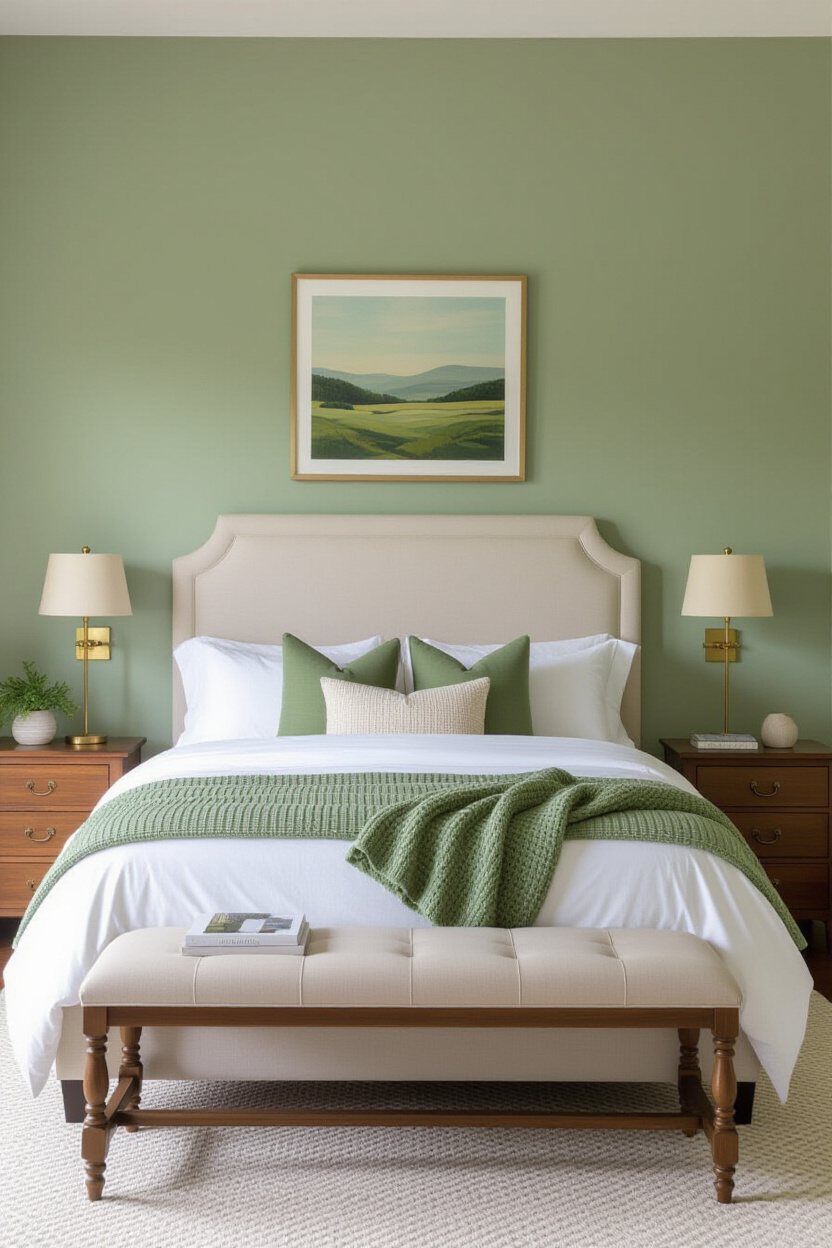 sage green bedroom with olive green accent wall and natural decor