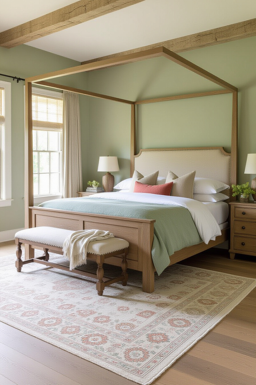 rustic sage green master bedroom with wood beams and linen upholstery