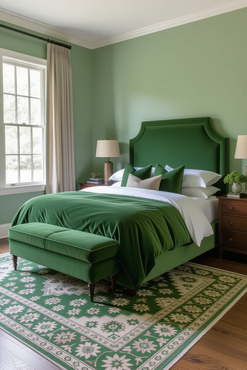 dark green velvet headboard in sage green bedroom