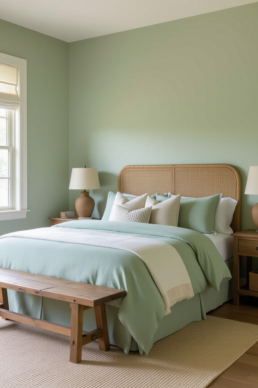 sage green bedroom with terracotta accents and wicker headboard