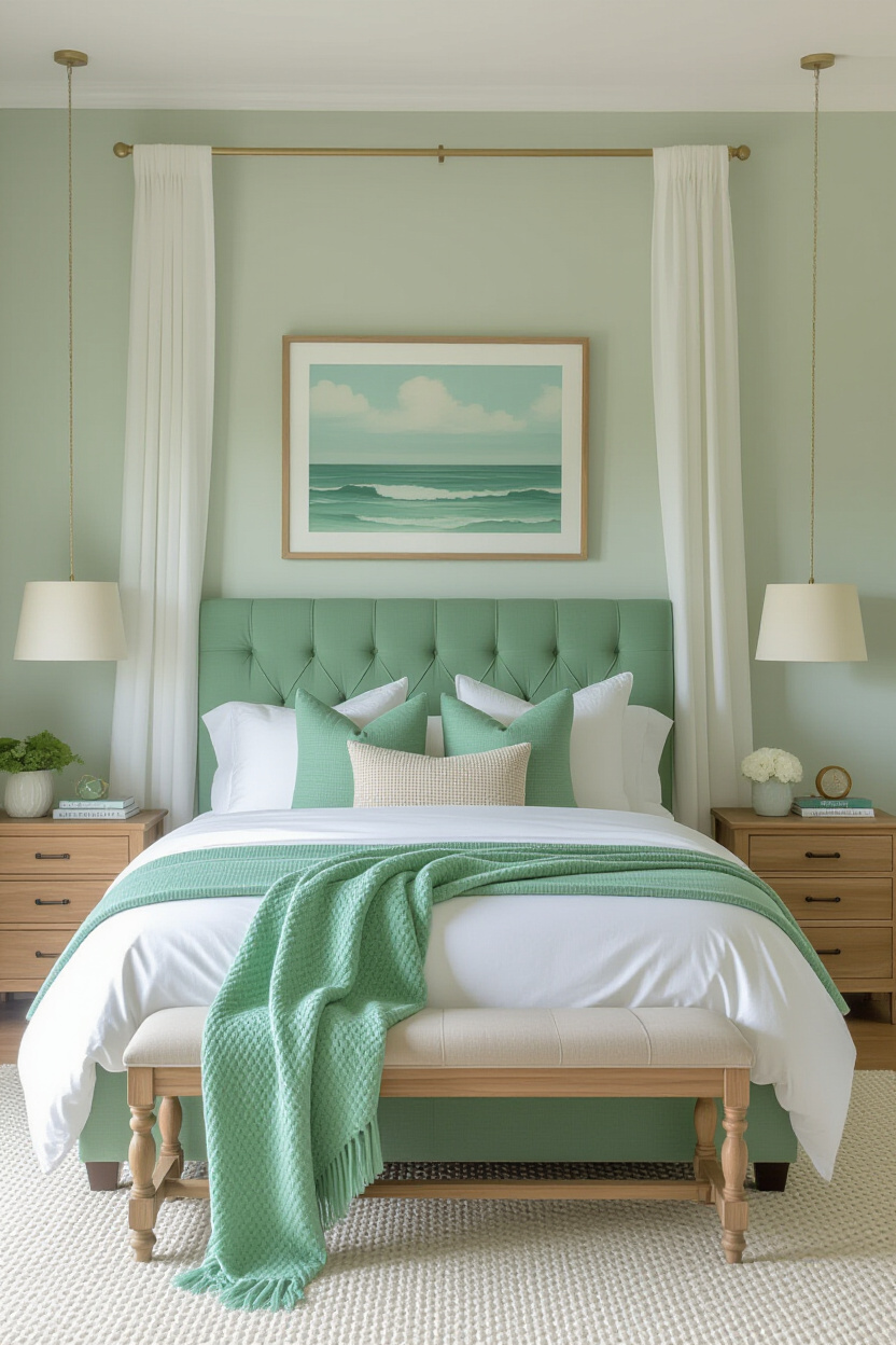 coastal sage green bedroom with ocean-themed decor