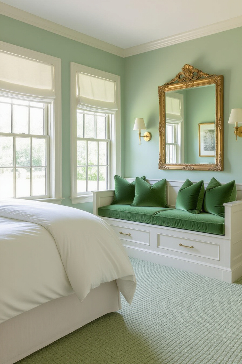emerald and sage green bedroom with gold accents