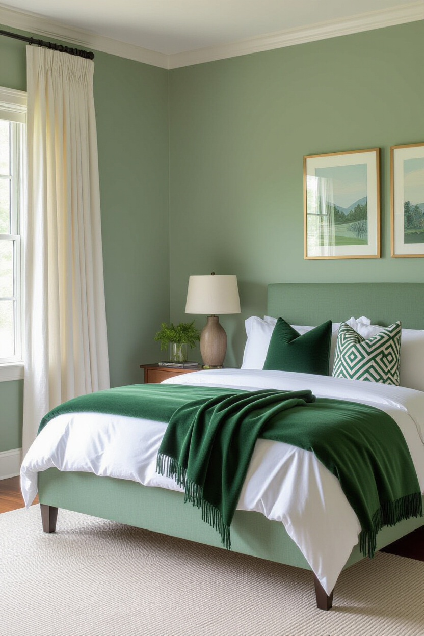 serene sage green bedroom with white linens and natural accents