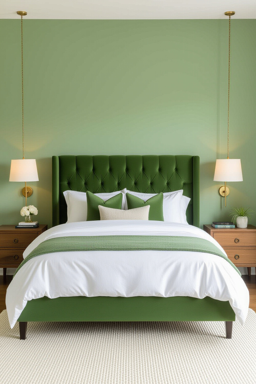 sage green bedroom with brass sconce and white linens
