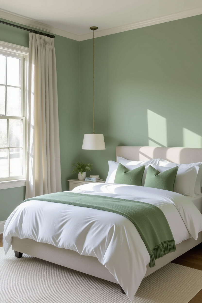urban sage green bedroom with slate accents and white duvet