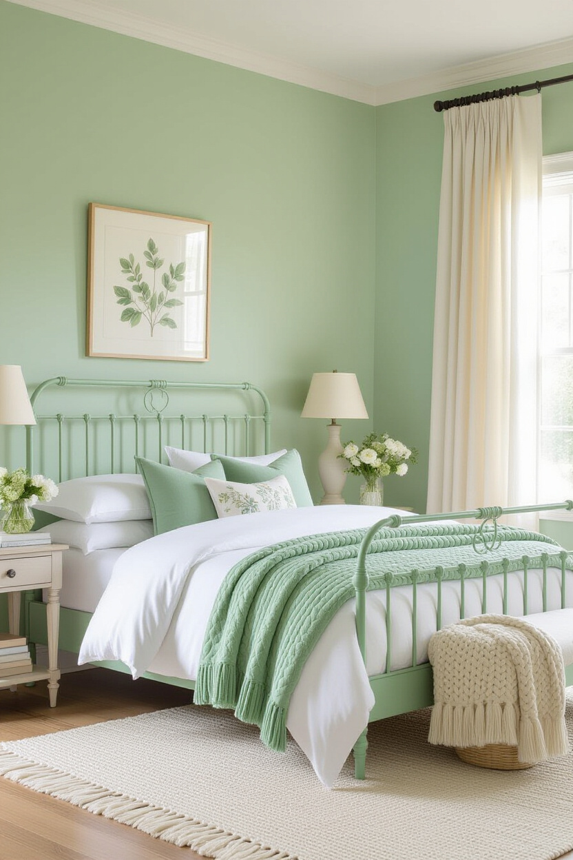 sage green bedroom with botanical prints and soft bedding