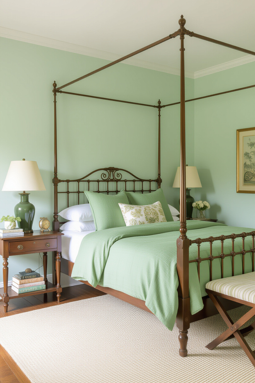 sage green bedroom with bronze antique accents and botanical art