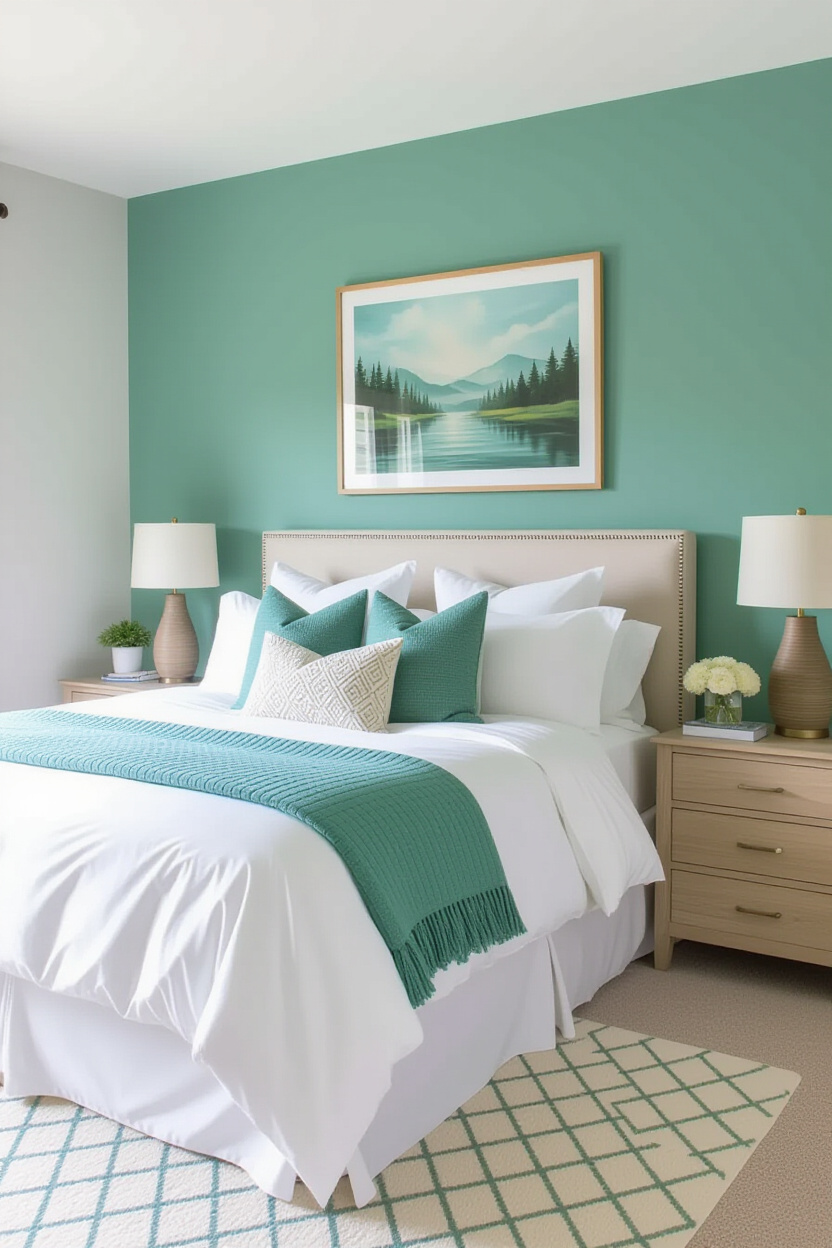 sage green bedroom with denim blue-green accent wall and landscape art