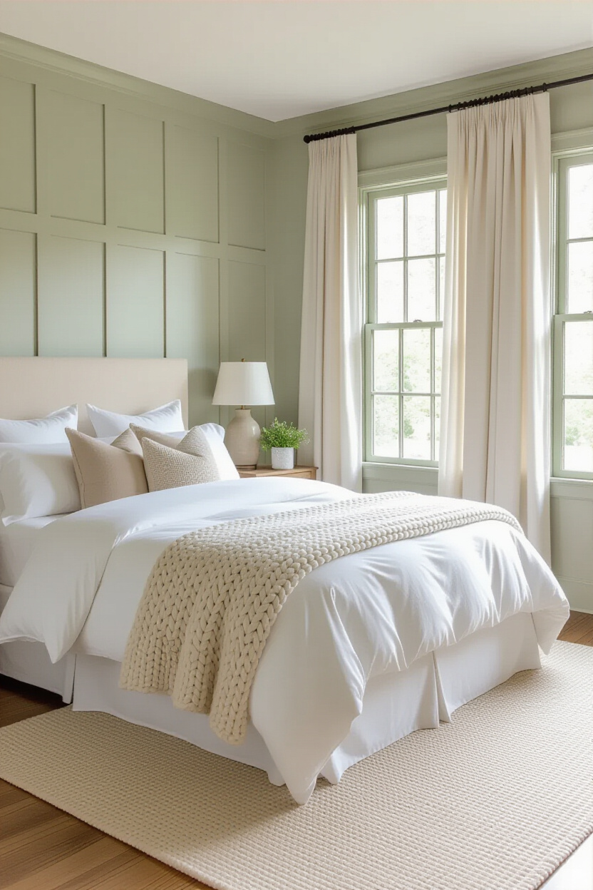 vanilla and sage green bedroom with windowpane grille and soft curtains