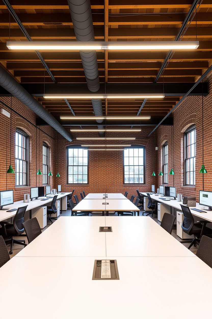 industrial office with exposed brick and modern desks