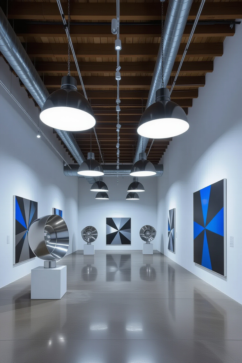 industrial pendant lights in art gallery hallway