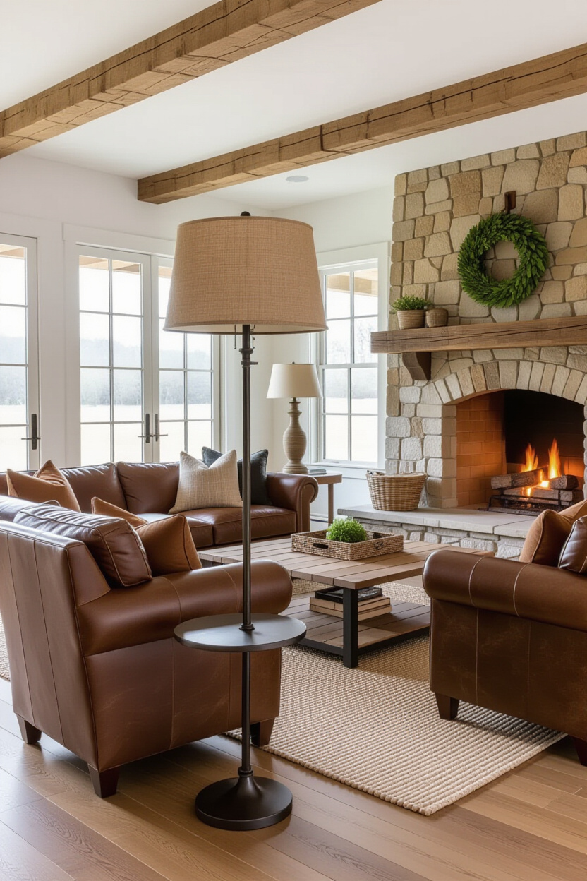rustic cabin living room with industrial lighting