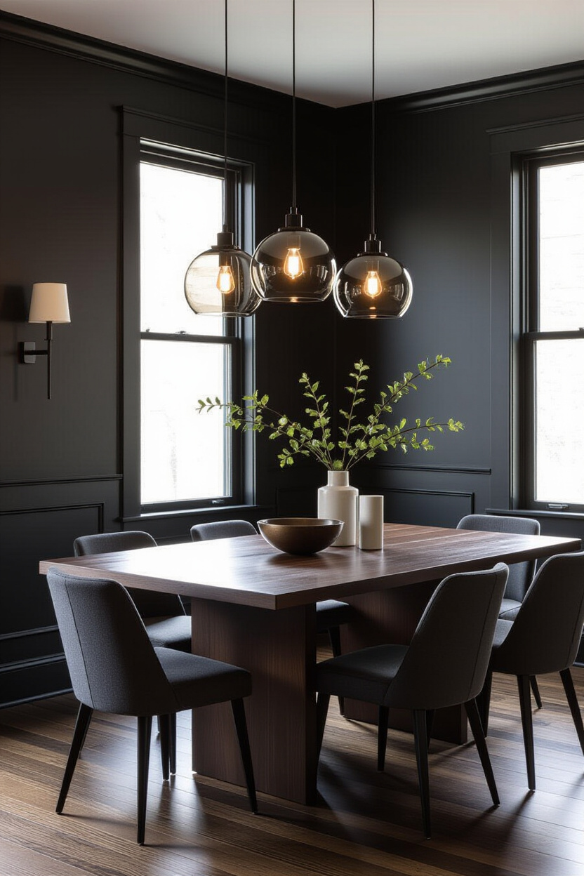 smoked glass pendant lights over dining table