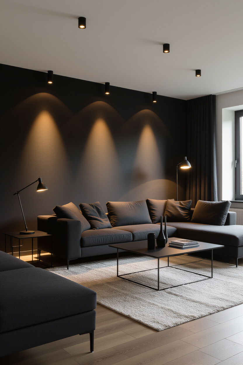 layered industrial lighting with floor lamp and recessed lights