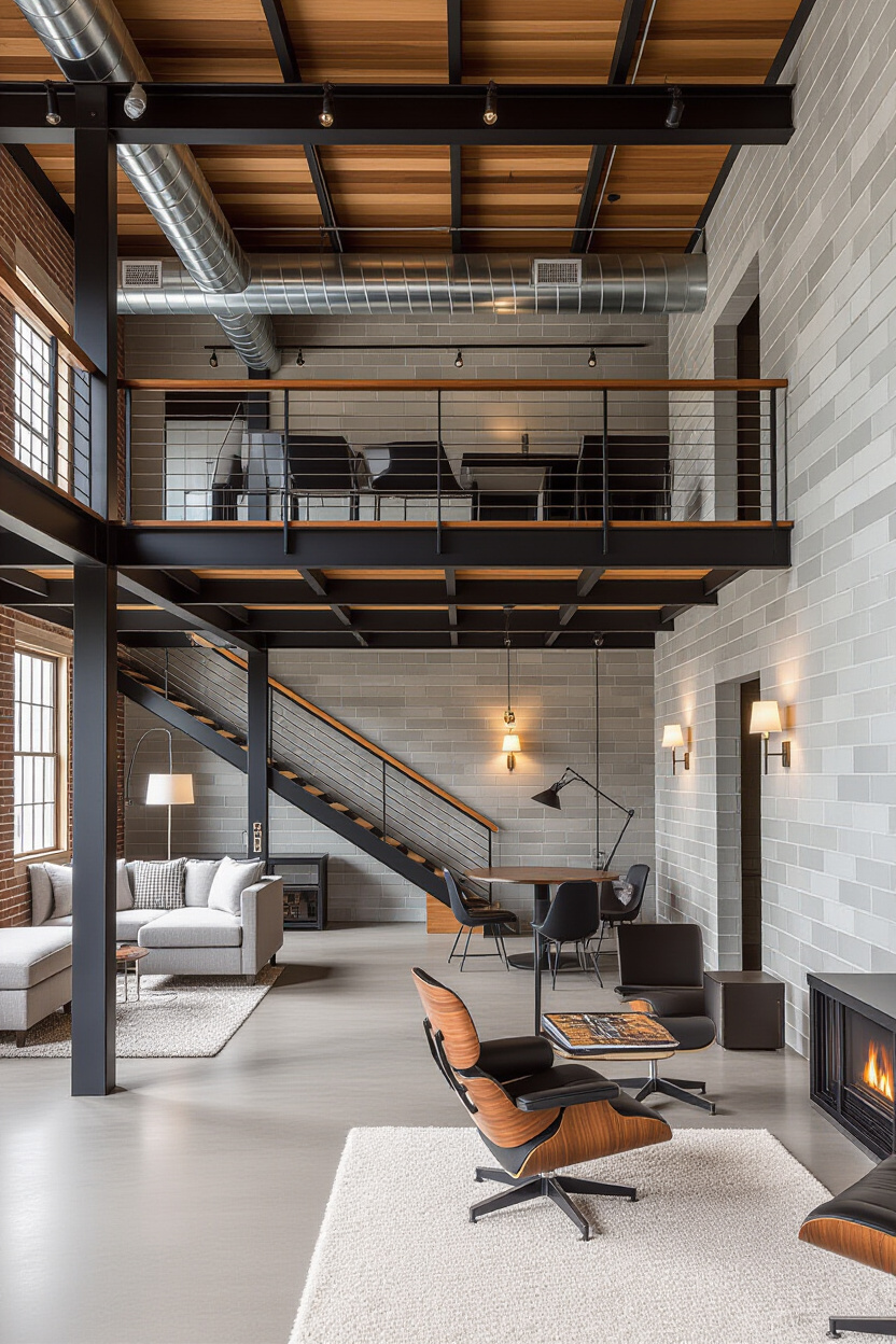 layered industrial lighting in apartment