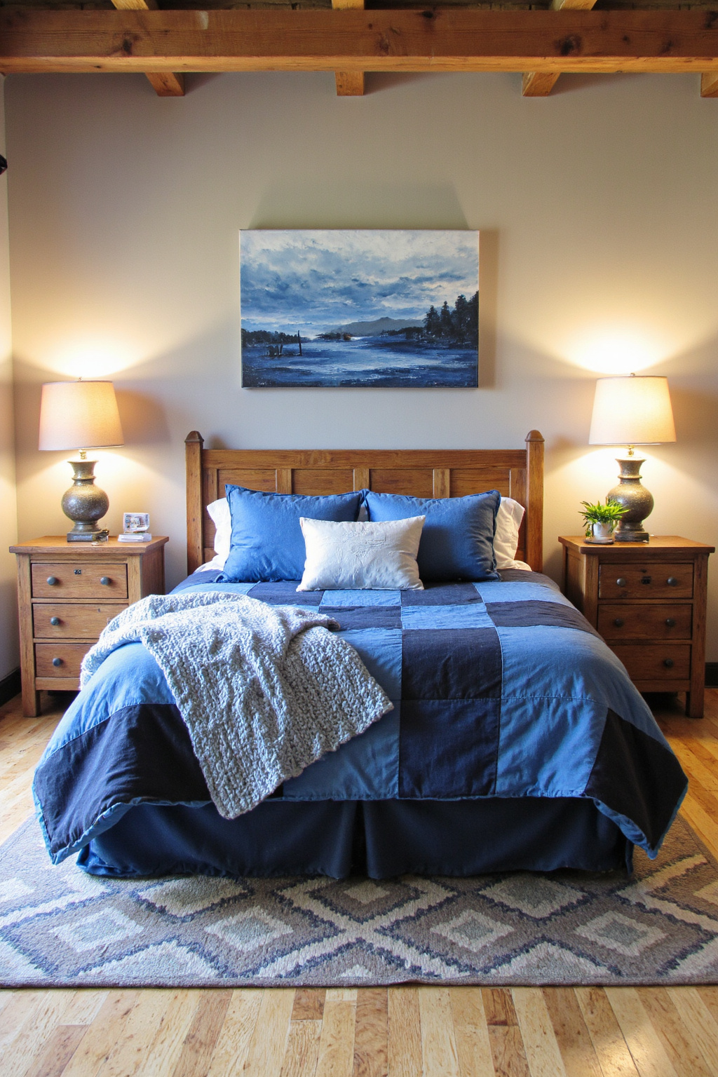 gray and blue bedroom with rustic accents