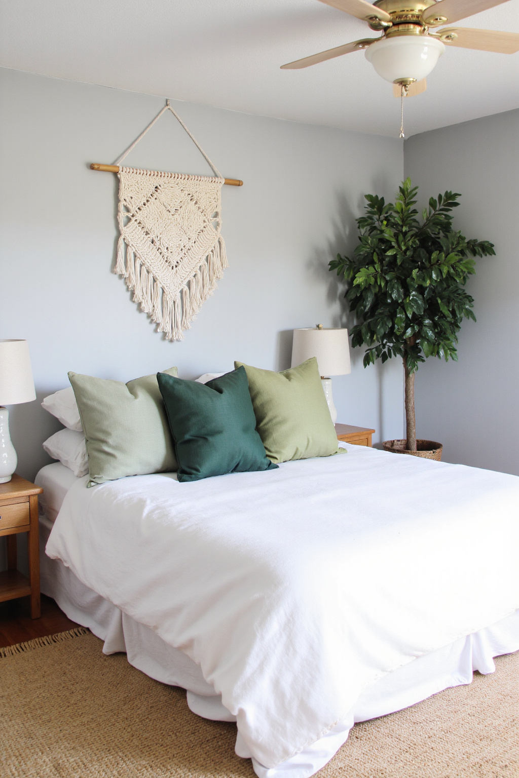 gray bedroom with green accents and natural textures