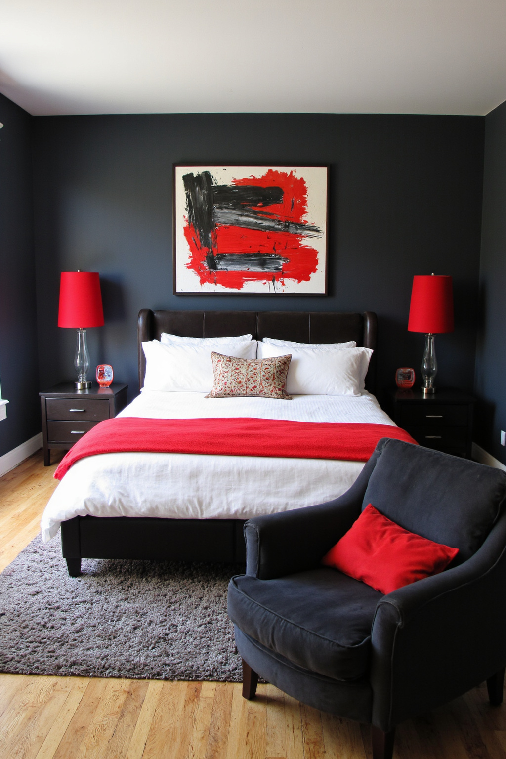 gray bedroom with bold red accents