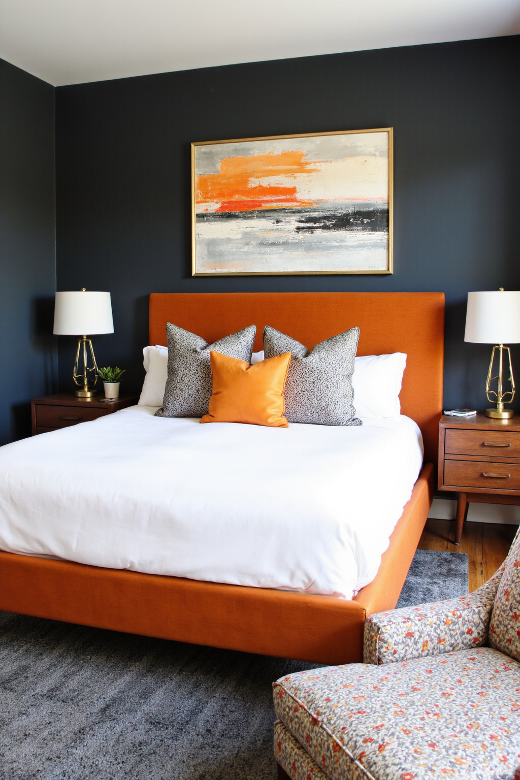 gray bedroom with burnt orange accents and wood elements