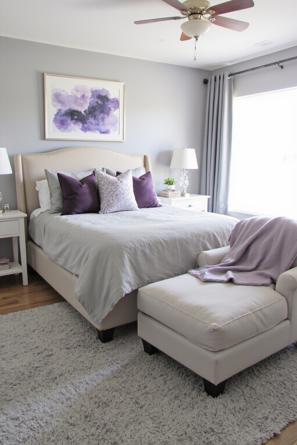 gray bedroom with lavender accents and velvet textures