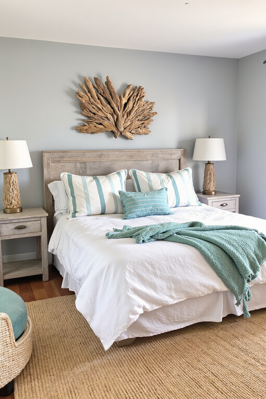 gray bedroom with teal coastal accents and shiplap wall