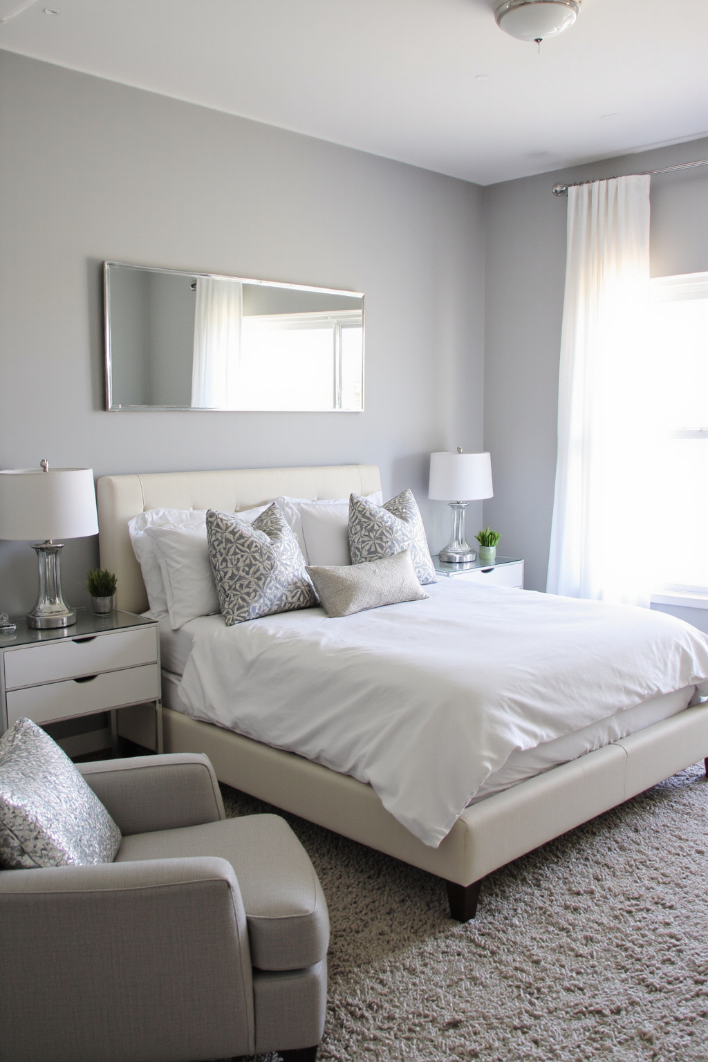 gray bedroom with silver accents and modern design