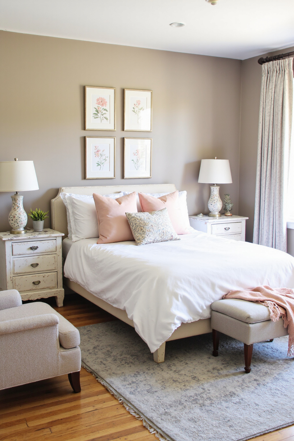 gray bedroom with blush pink accents and vintage decor