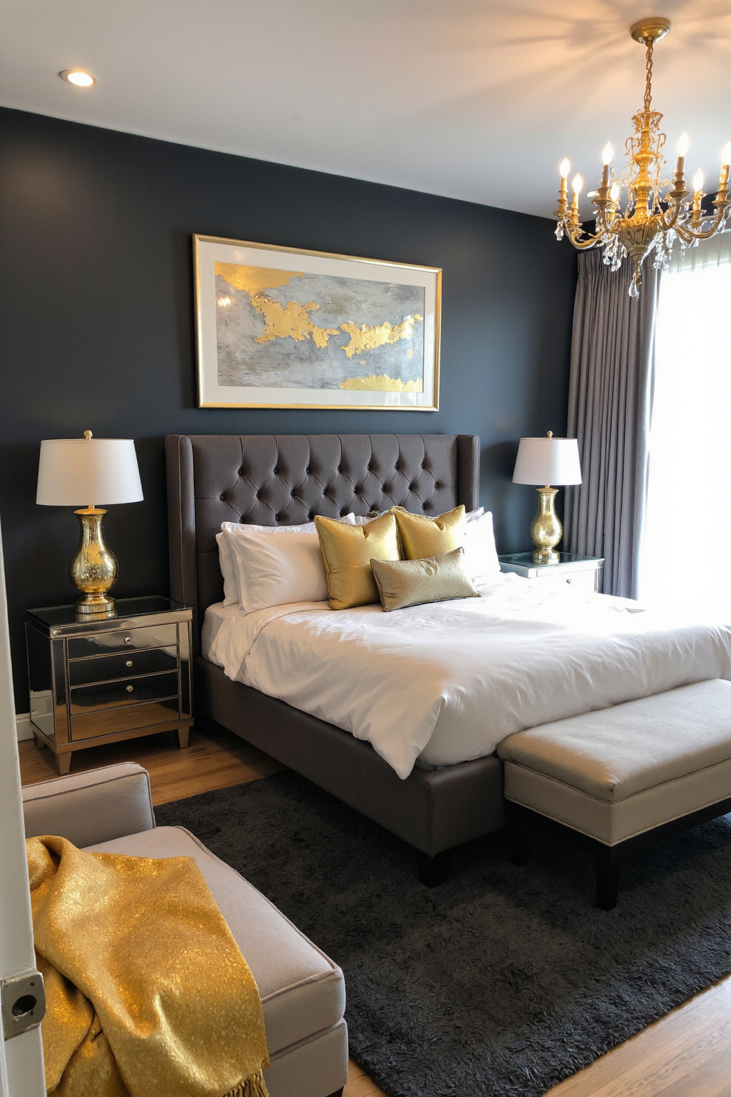 gray bedroom with gold accents and dark walls
