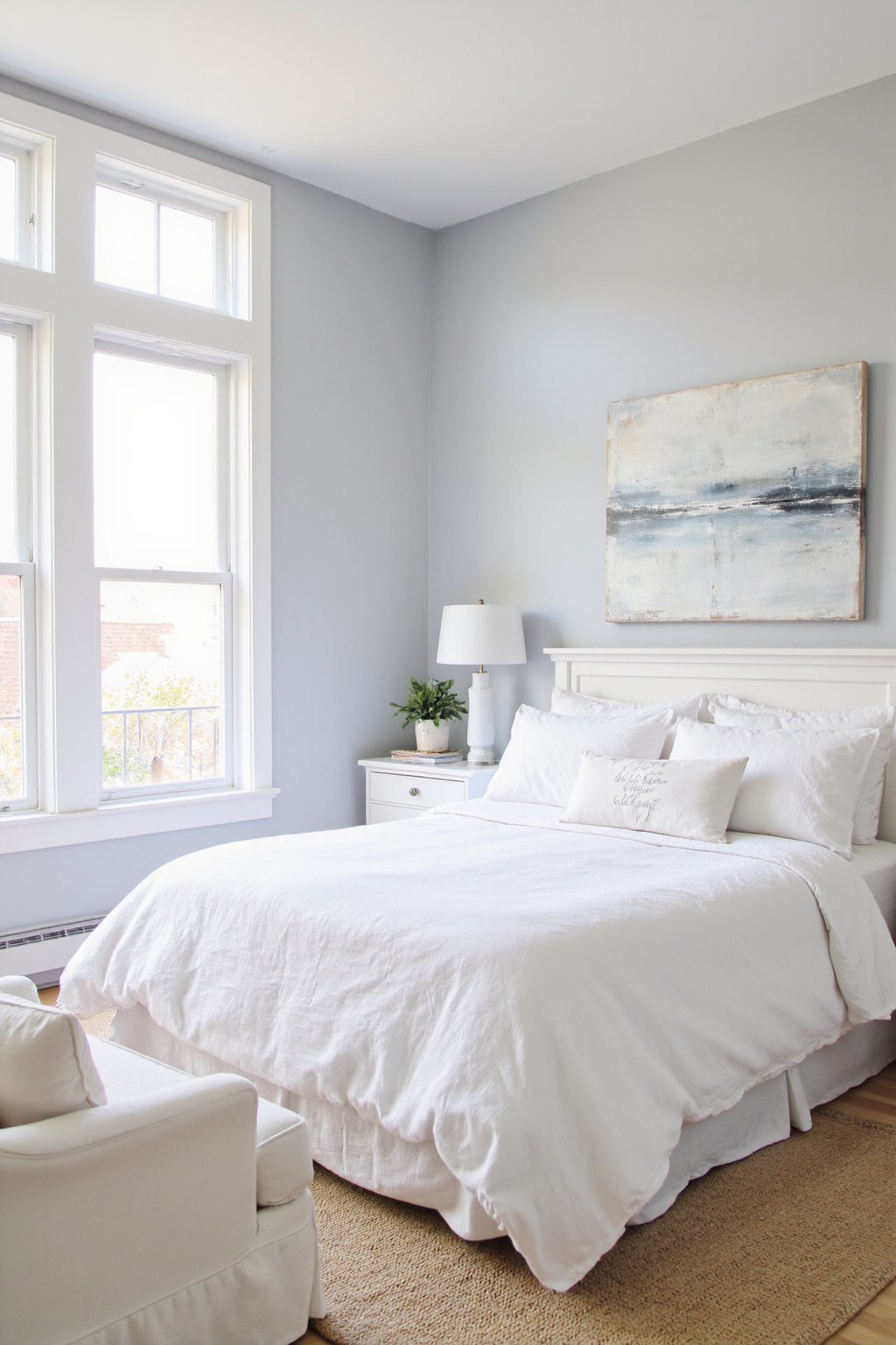 gray bedroom with white accents and abstract art