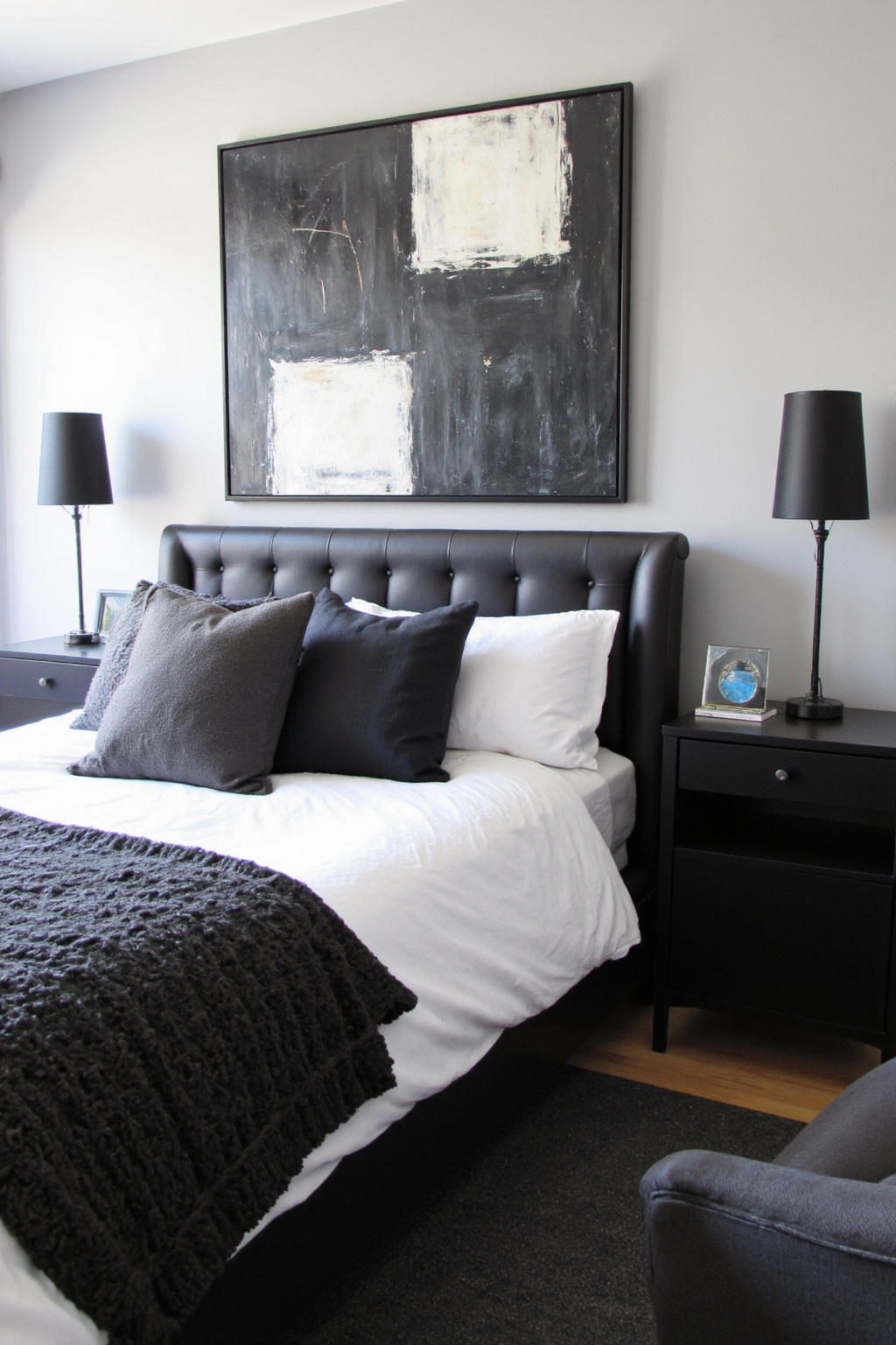 gray bedroom with charcoal accents and modern decor
