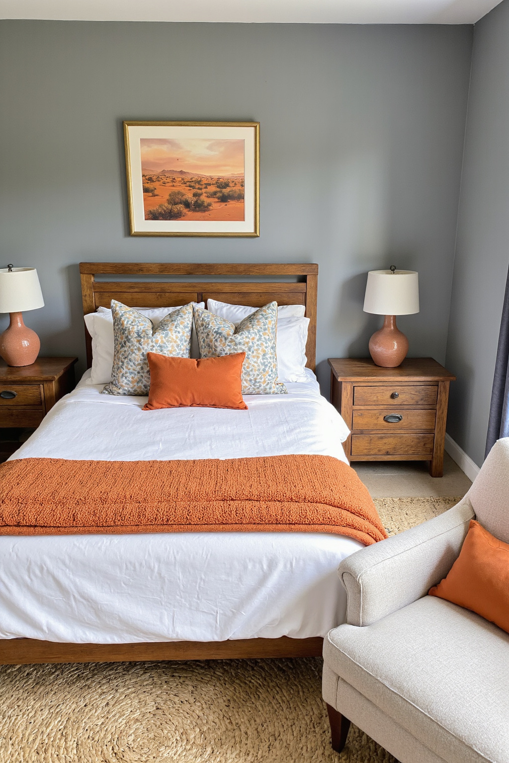 gray bedroom with terracotta accents and wooden furniture