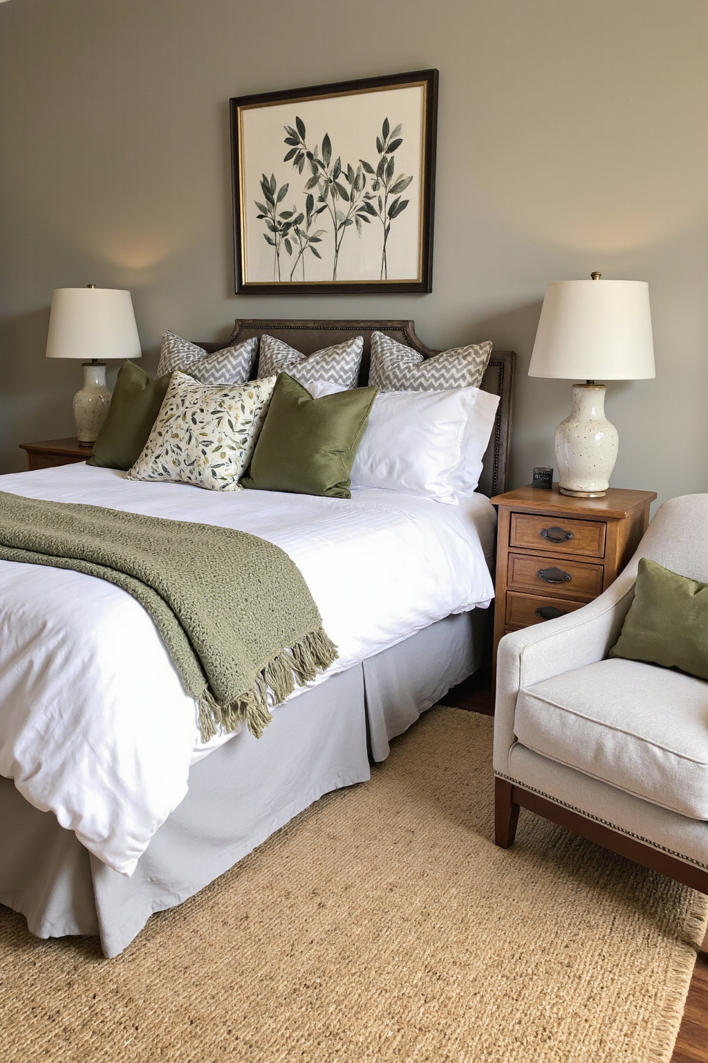 gray bedroom with olive green accents and natural textures