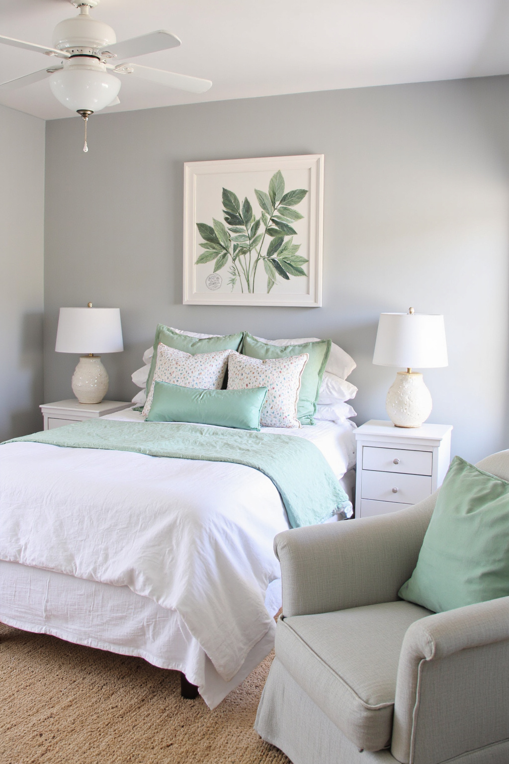 gray bedroom with mint green accents and botanical art