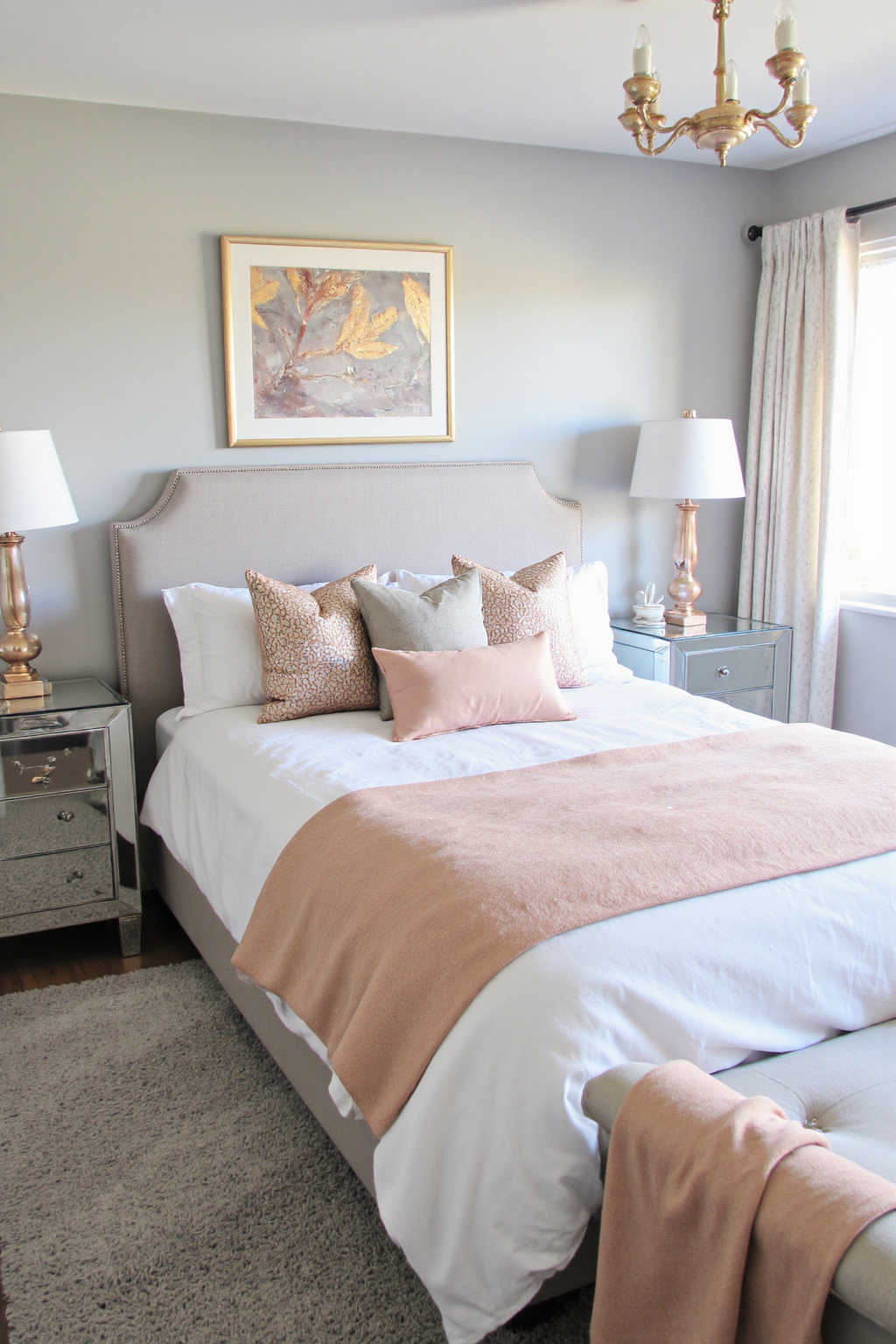 gray bedroom with rose gold accents and mirrored furniture