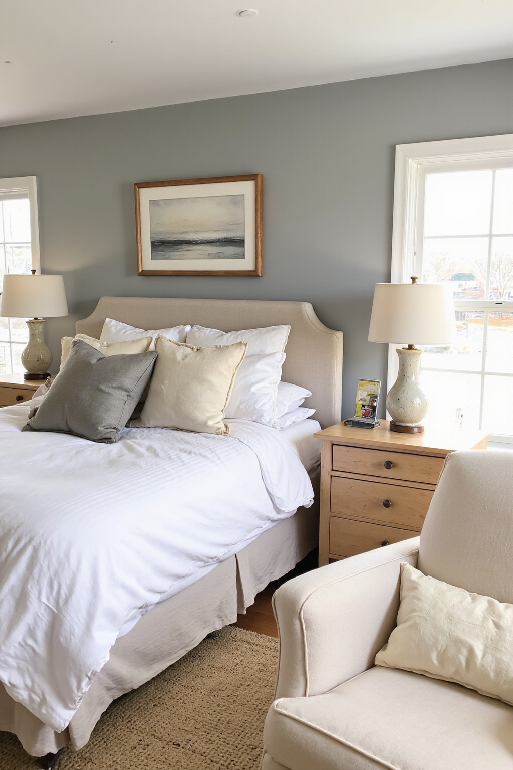 neutral gray bedroom with natural textures and soft lighting