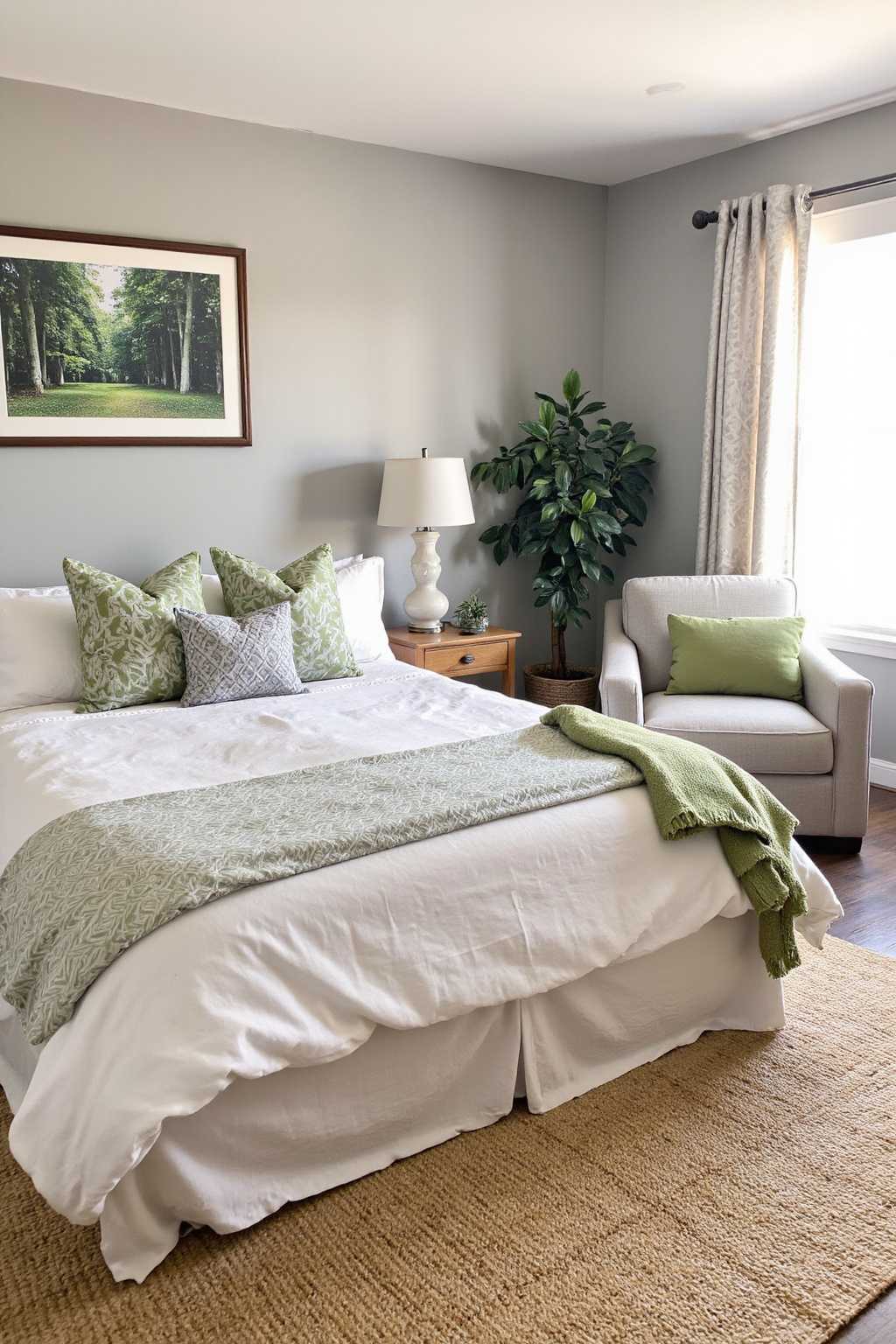 gray bedroom with green accents and forest art