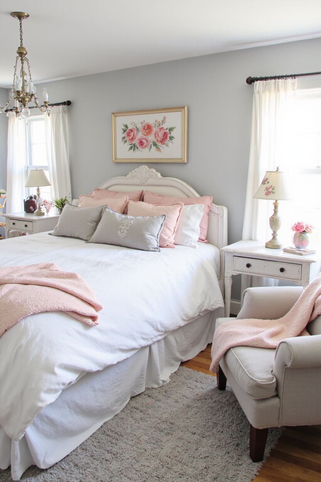 gray bedroom with blush pink accents and floral decor