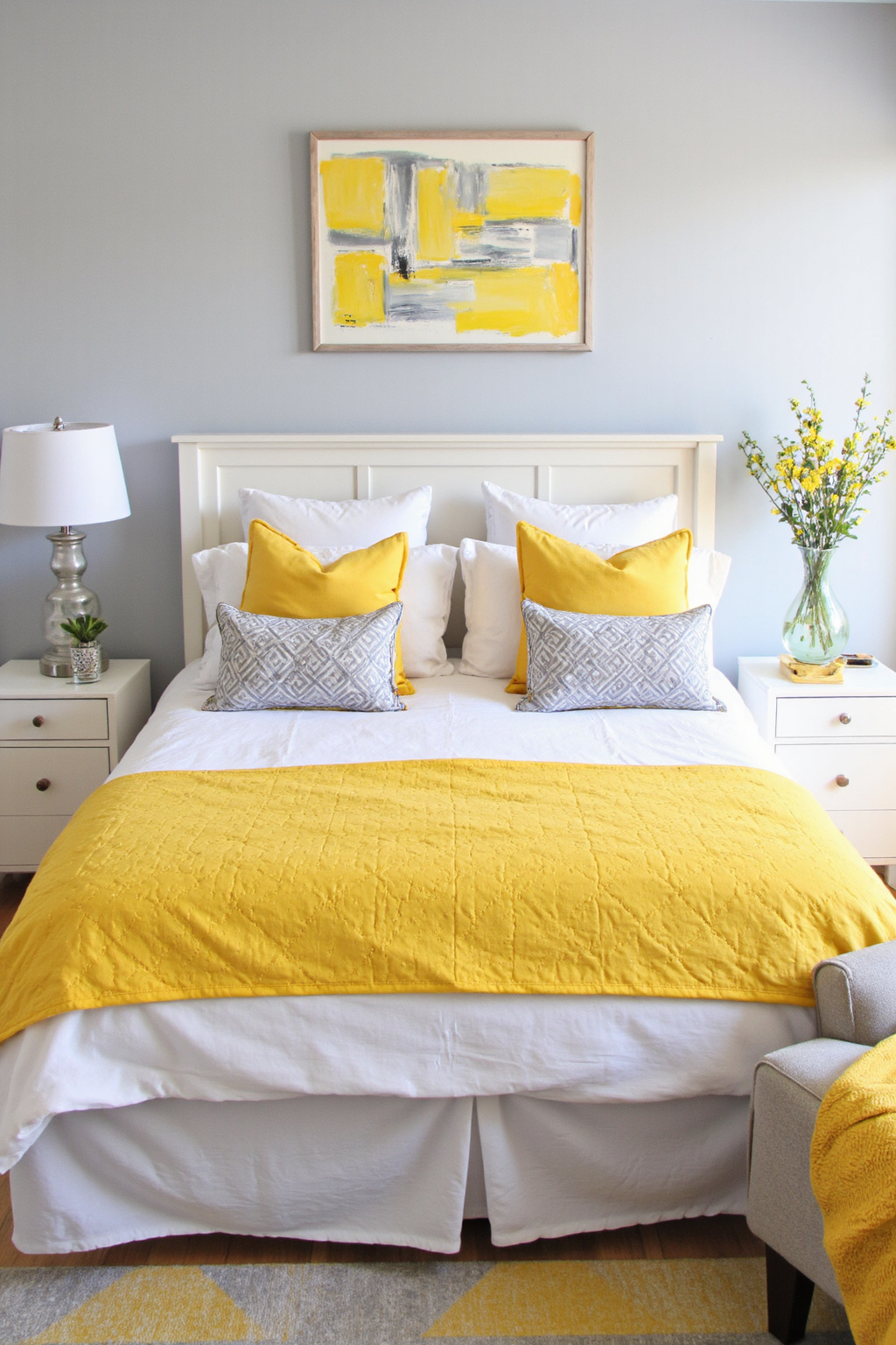 gray bedroom with yellow accents and abstract art